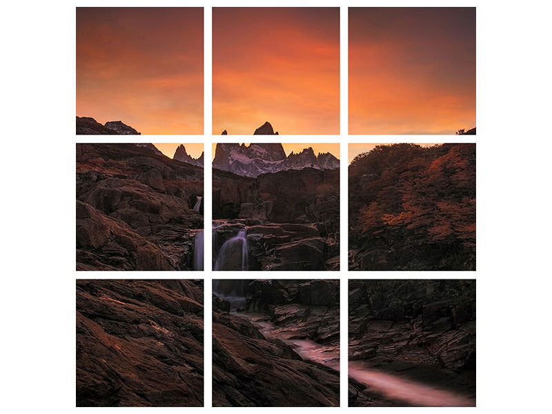 9-piece-canvas-print-waterfall-sunset